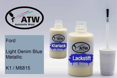 Ford, Light Denim Blue Metallic, K1 / M6815: 20ml Lackstift + 20ml Klarlack - Set, von ATW Autoteile West.